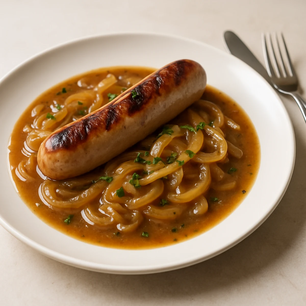 Bratwurst mit Zwiebelsauce: receta y maridaje vino con sabor alemán y alma española