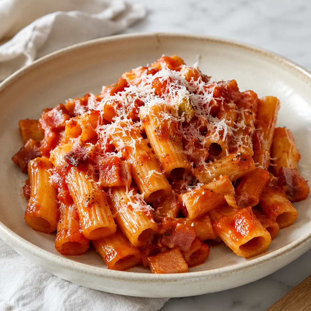 Pasta all’arrabbiata recipe with Guanciale, Pecorino & Wine