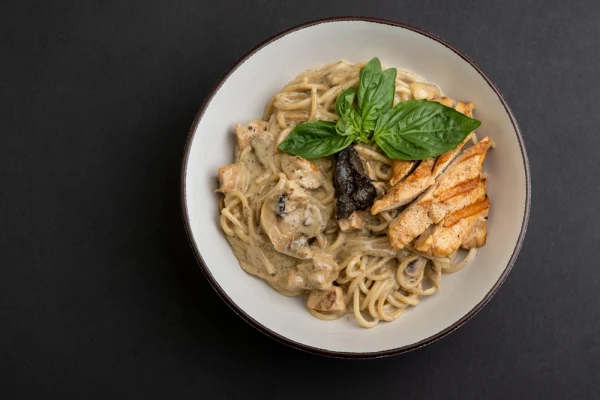 Chicken Noodle Soup with Truffle Mushroom Cream Sauce and Chicken Breast
