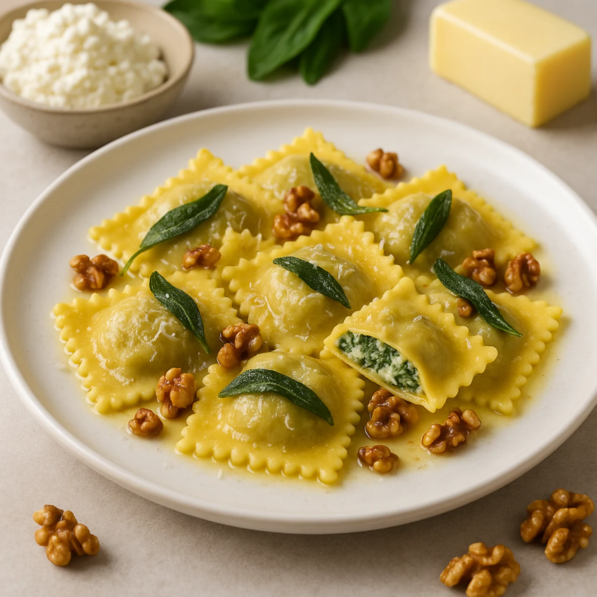 Ravioli di Ricotta e Spinaci al Burro e Salvia con Noci & vinmatchning