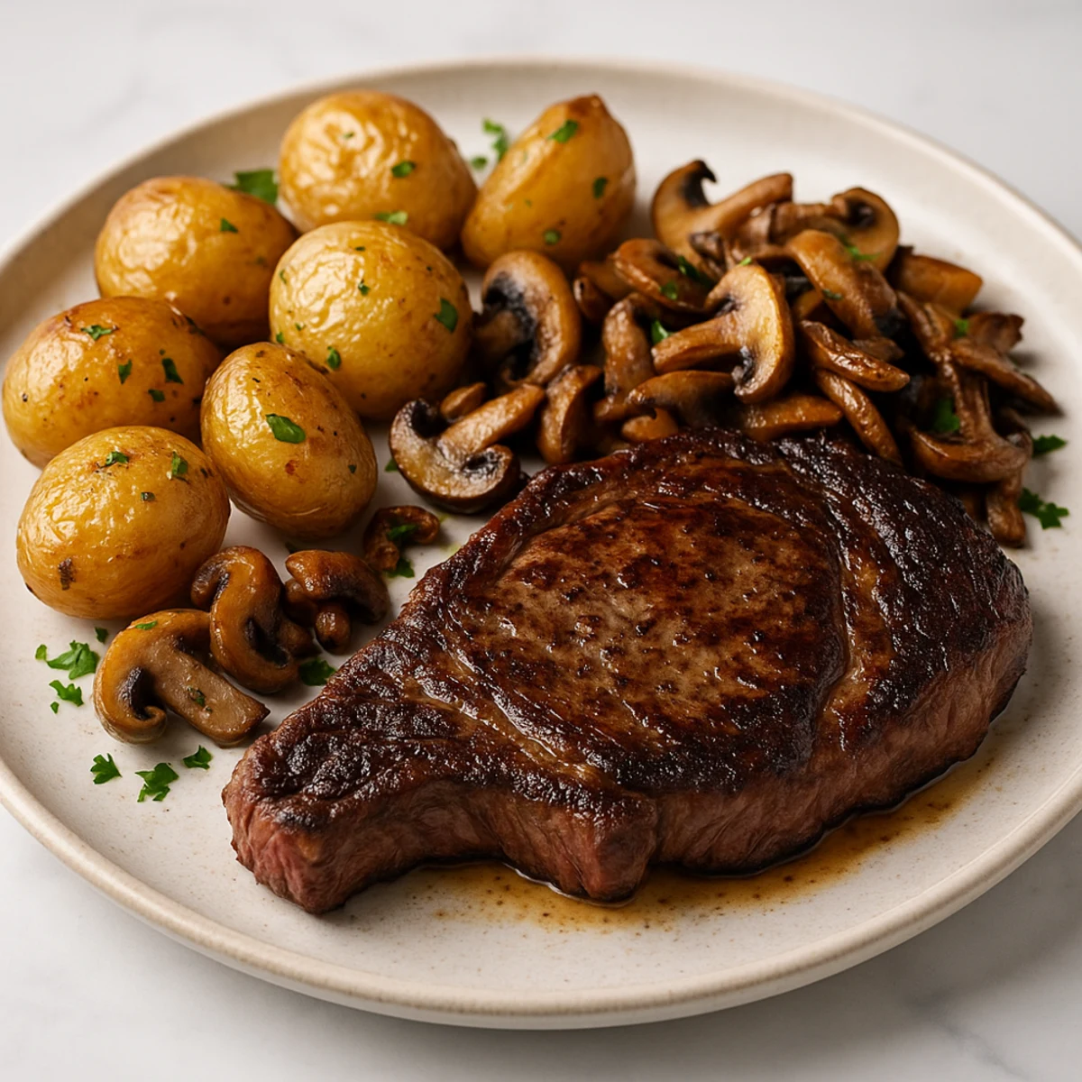 Steikur með villisveppum et pommes de terre : accord vin et mets